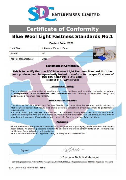 Синие шерстяные шкалы для оценки светостойкости ИСО 105 B / SDCE Blue Wools Humidity Test Materials ISO 105B